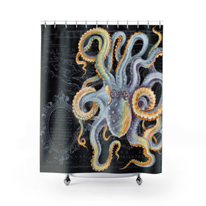 Steel Blue Octopus Tentacles Watercolor Art Vintage Map Chic Dark Shower Curtain 71X74 Home Decor