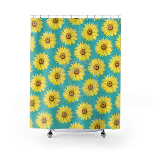 Sunflowers Teal Pattern Vintage Shower Curtain 71X74 Home Decor