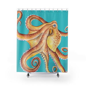 Sunny Octopus Teal Watercolor Shower Curtains 71 × 74 Home Decor