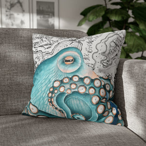 Teal Blue Octopus Kraken Watercolor Map Art Spun Polyester Square Pillow Case 20 × Home Decor