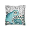 Teal Blue Octopus Kraken Watercolor Map Art Spun Polyester Square Pillow Case Home Decor