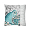 Teal Blue Octopus Kraken Watercolor Map Art Spun Polyester Square Pillow Case Home Decor