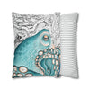 Teal Blue Octopus Kraken Watercolor Map Art Spun Polyester Square Pillow Case Home Decor