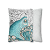 Teal Blue Octopus Kraken Watercolor Map Art Spun Polyester Square Pillow Case Home Decor