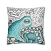 Teal Blue Octopus Kraken Watercolor Map Art Spun Polyester Square Pillow Case Home Decor