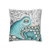 Teal Blue Octopus Kraken Watercolor Map Art Spun Polyester Square Pillow Case Home Decor