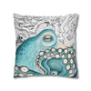 Teal Blue Octopus Kraken Watercolor Map Art Spun Polyester Square Pillow Case Home Decor