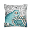 Teal Blue Octopus Kraken Watercolor Map Art Spun Polyester Square Pillow Case Home Decor