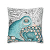 Teal Blue Octopus Kraken Watercolor Map Art Spun Polyester Square Pillow Case Home Decor