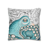 Teal Blue Octopus Kraken Watercolor Map Art Spun Polyester Square Pillow Case Home Decor