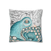 Teal Blue Octopus Kraken Watercolor Map Art Spun Polyester Square Pillow Case Home Decor