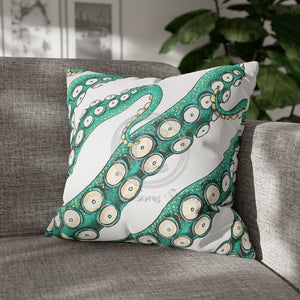 Teal Green Octopus Kraken Tentacles Ink White Art Spun Polyester Square Pillow Case 20 × Home Decor