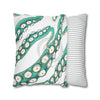 Teal Green Octopus Kraken Tentacles Ink White Art Spun Polyester Square Pillow Case Home Decor