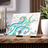 Teal Kraken Octopus On Vintage Map Nautical Ink Art Ceramic Photo Tile 6 × 8 / Matte Home Decor