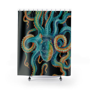 Teal Octopus Tentacles Watercolor Art Black Shower Curtains 71X74 Home Decor