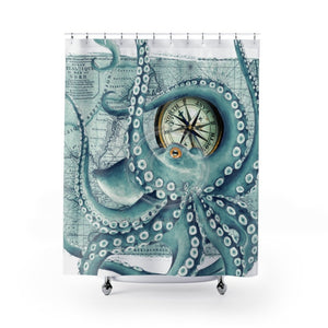 Teal Octopus Vintage Map Compass Shower Curtain 71 × 74 Home Decor