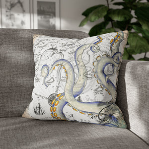 Tentacles Octopus Vintage Weathered Nautical Map Watercolor Art Spun Polyester Square Pillow Case