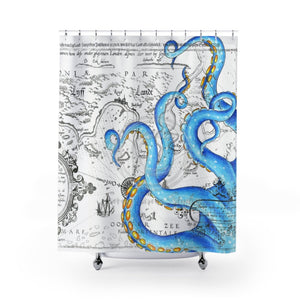 Vintage Map Blue Orange Octopus Ink Art Shower Curtain 71X74 Home Decor