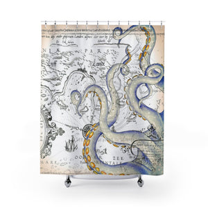 Vintage Map Grunge Octopus Ink Art Shower Curtains 71X74 Home Decor
