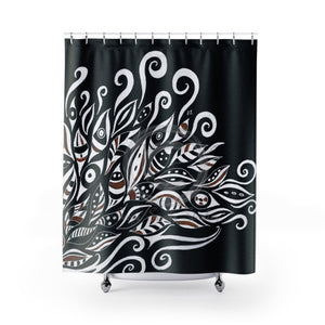 White Ink Floral Abstract Pattern On Black Shower Curtain 71X74 Home Decor