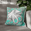 White Octopus Kraken Tentacles Ink Teal Art Spun Polyester Square Pillow Case 18 × Home Decor