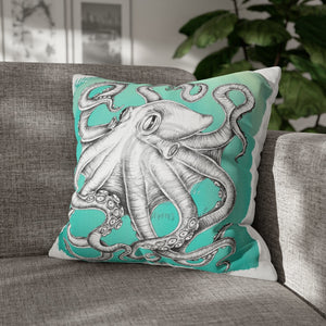 White Octopus Kraken Tentacles Ink Teal Art Spun Polyester Square Pillow Case 20 × Home Decor
