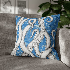 White Octopus Tentacles Blue Vintage Map Art Spun Polyester Square Pillow Case 20 × Home Decor
