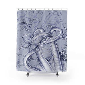 White Octopus Tentacles Kraken Blue Vintage Map Shower Curtains 71 X 74 Home Decor