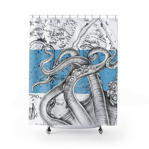 White Octopus Tentacles Kraken Blue Vintage Map Shower Curtains 71 X 74 Home Decor
