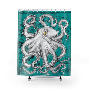 White Octopus Tentacles Kraken Teal Vintage Map Shower Curtains 71 X 74 Home Decor