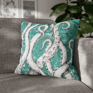 White Octopus Tentacles Teal Vintage Map Art Spun Polyester Square Pillow Case 20 × Home Decor