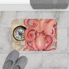 Red Octopus Vintage Beige Map Compass Art  Bath Mat