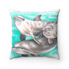 Dolphins Family Pod Teal Watercolor Art Square Pillow