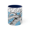 White Tentacles Octopus Vintage Map on Blue White Art Accent Coffee Mug, 11oz