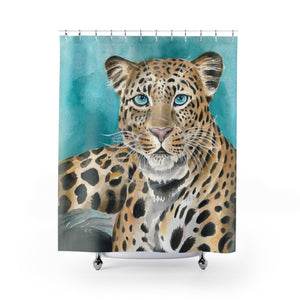 Amur Leopard Blue Eyes Watercolor Art Shower Curtain 71 × 74 Home Decor