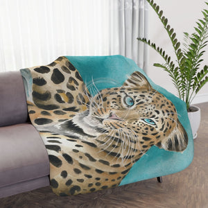 Amur Leopard Teal Watercolor Art Tan Sherpa Blanket 60 × 50 Home Decor