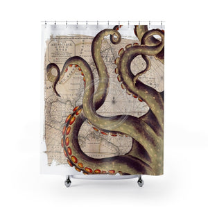 Beige Tentacles Ink Vintage Map Shower Curtain 71X74 Home Decor