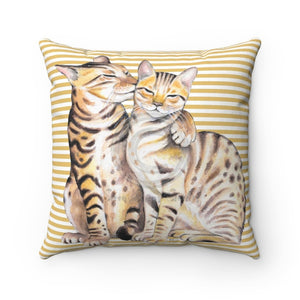 Bengal Cats Beige Stripes Watercolor Art Square Pillow 14X14 Home Decor