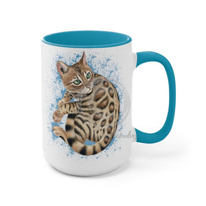Bengal Kitten Blue Splash Watercolor Ink Art Two-Tone Coffee Mugs 15Oz / Light Mug
