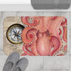 Red Octopus Vintage Beige Map Compass Art  Bath Mat