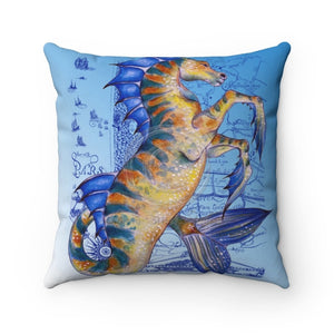 Blue Hippocampus Seahorse Fantasy Vintage Map Nautical Art Square Pillow 14 × Home Decor
