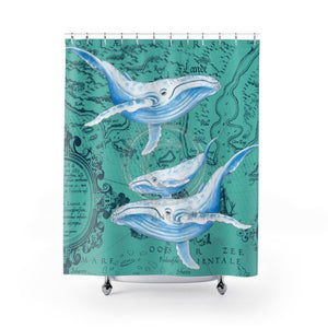 Blue Humpback Whales Ancient Map Teal Shower Curtain 71X74 Home Decor