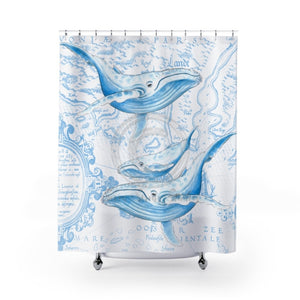Blue Humpback Whales Ancient Map White Shower Curtain 71X74 Home Decor