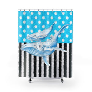 Blue Humpback Whales Polka Dots Stripes Chic Shower Curtain 71X74 Home Decor