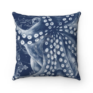 Blue Octopus Art Vintage Map Chic Square Pillow 14X14 Home Decor