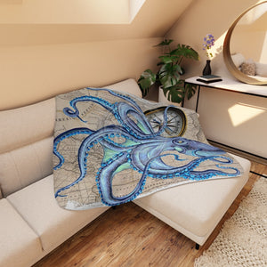 Blue Octopus Tentacles Beige Compass Vintage Map Nautical Marine Art Tan Sherpa Blanket 60 × 50 Home