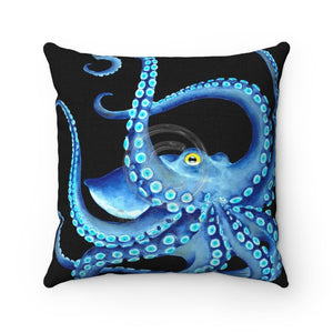 Blue Octopus Tentacles On Black Ink Art Square Pillow 14X14 Home Decor