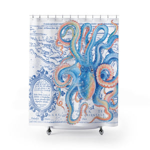 Blue Octopus Tentacles Watercolor Art Vintage Map Chic Shower Curtain 71X74 Home Decor