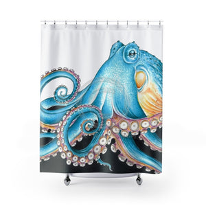 Blue Octopus Tentacles White Ink Art Shower Curtain 71 × 74 Home Decor