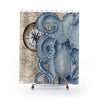 Blue Octopus Vintage Beige Map Compass Art Shower Curtain 71 × 74 Home Decor